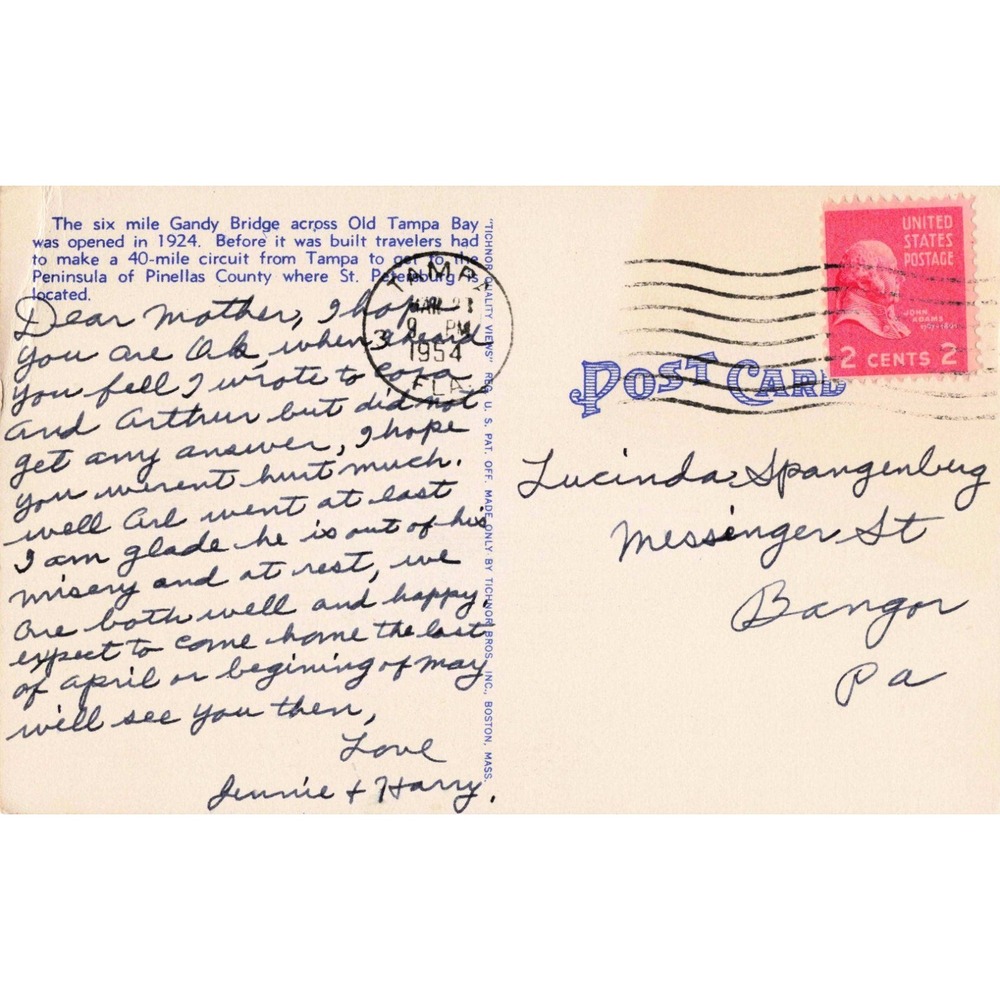 Vintage Gandy Bridge Tampa St Petersburg Florida Linen Postcard 1954 Postmark - Picture 2 of 2